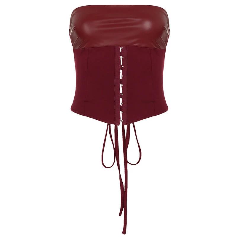 Lace-up Tube Top Leather Look Low Rise Hip Belted Skirt Set by GJG Denim