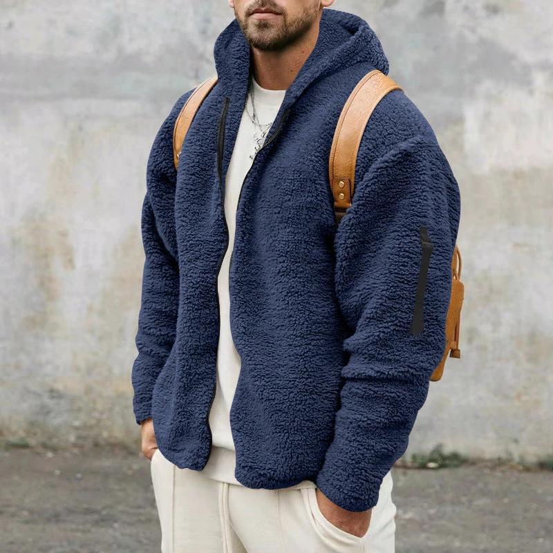 Plush Hooded Jacket Men's Autumn And Winter Fleece Double-sided Wear Warm Coat With Zipper Loose Casual Jacket Outdoor Clothing by GJG Denim