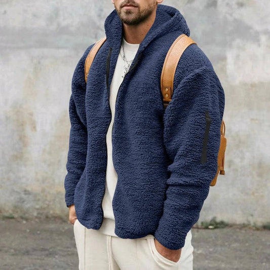 Plush Hooded Jacket Men's Autumn And Winter Fleece Double-sided Wear Warm Coat With Zipper Loose Casual Jacket Outdoor Clothing by GJG Denim