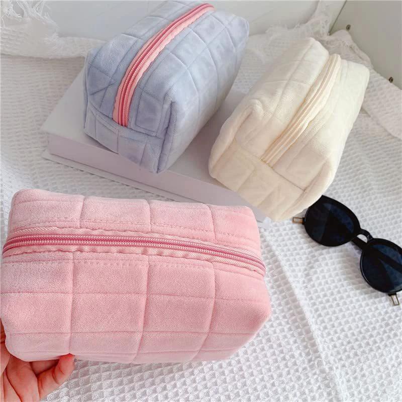 Plush Makeup Bag Checkered Cosmetic Bag Cosmetic Travel Bag Large Zipper Travel Toiletry Bag Portable Multi Functional Capacity Bag Cute Makeup Brushes Storage Bag For Women by GJG Denim