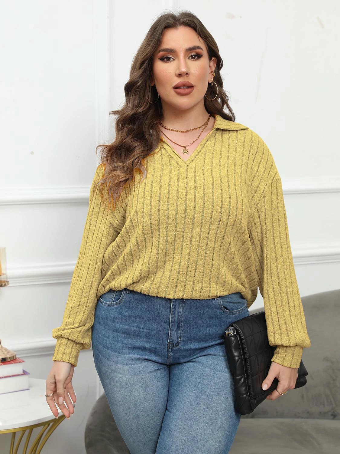 Plus Size Ribbed Collared Neck Long Sleeve Blouse by Lady Ros