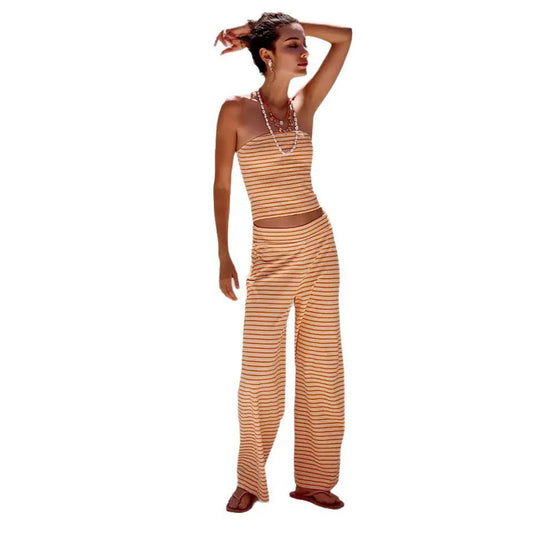 Printed Striped Tube Top And Pants Set by GJG Denim