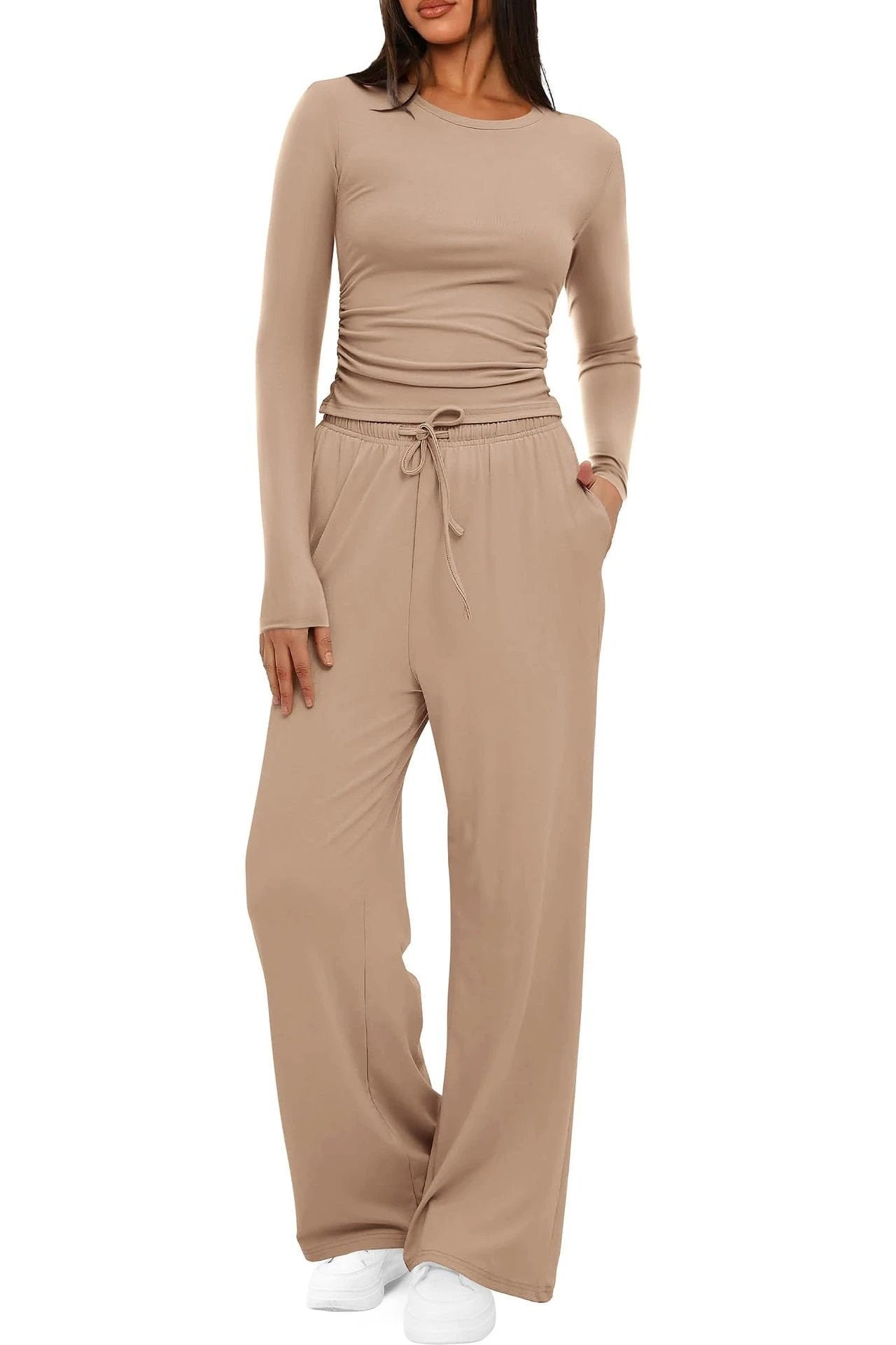 2 Pieces Women's Suit Autumn Winte Long Sleeve Tops High Waisted Wide Leg Pants Sportswear Female Clothes Solid Color Casual Suit by GJG Denim