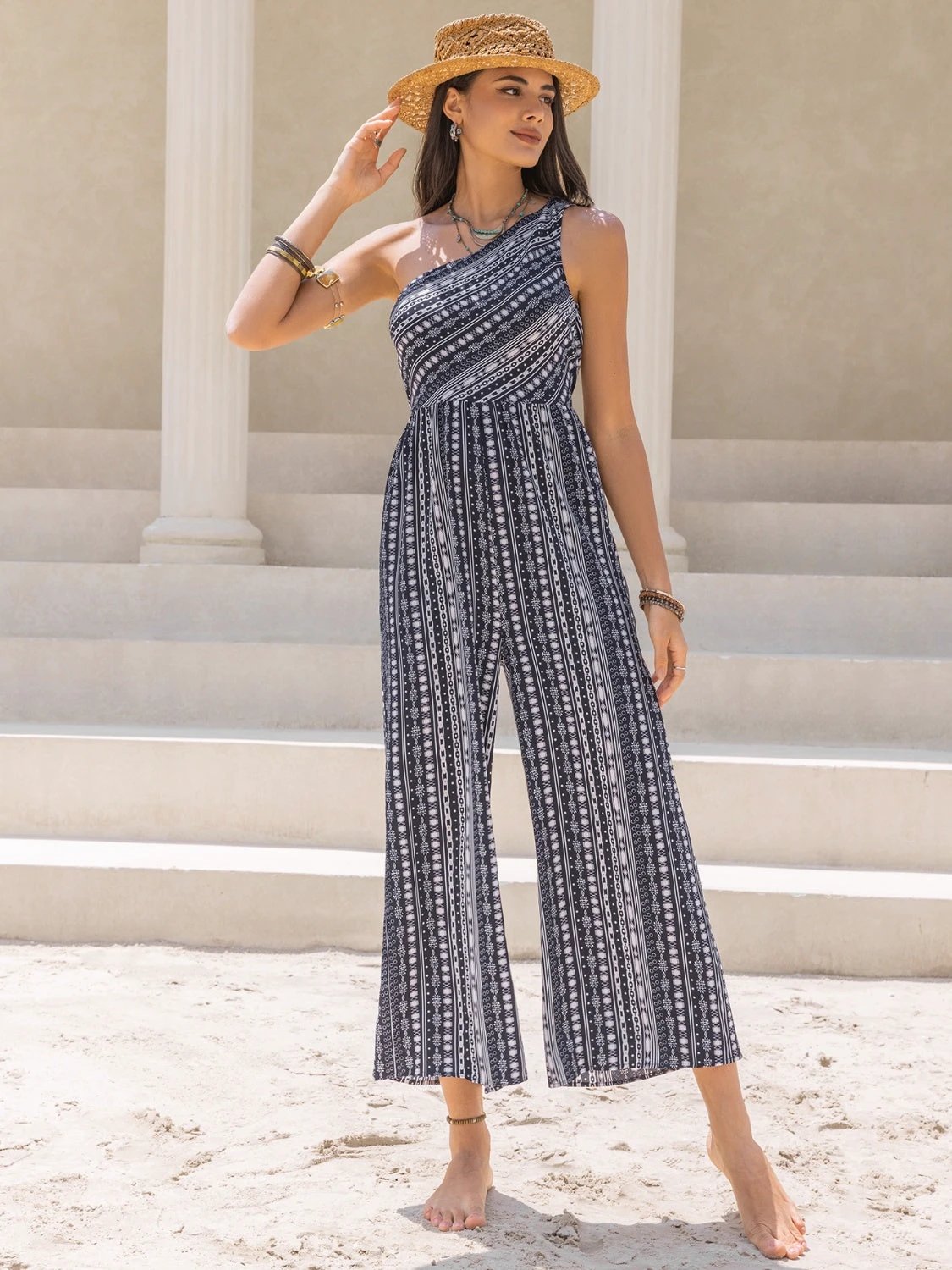 Printed Single Shoulder Sleeveless Jumpsuit by Lady Ros