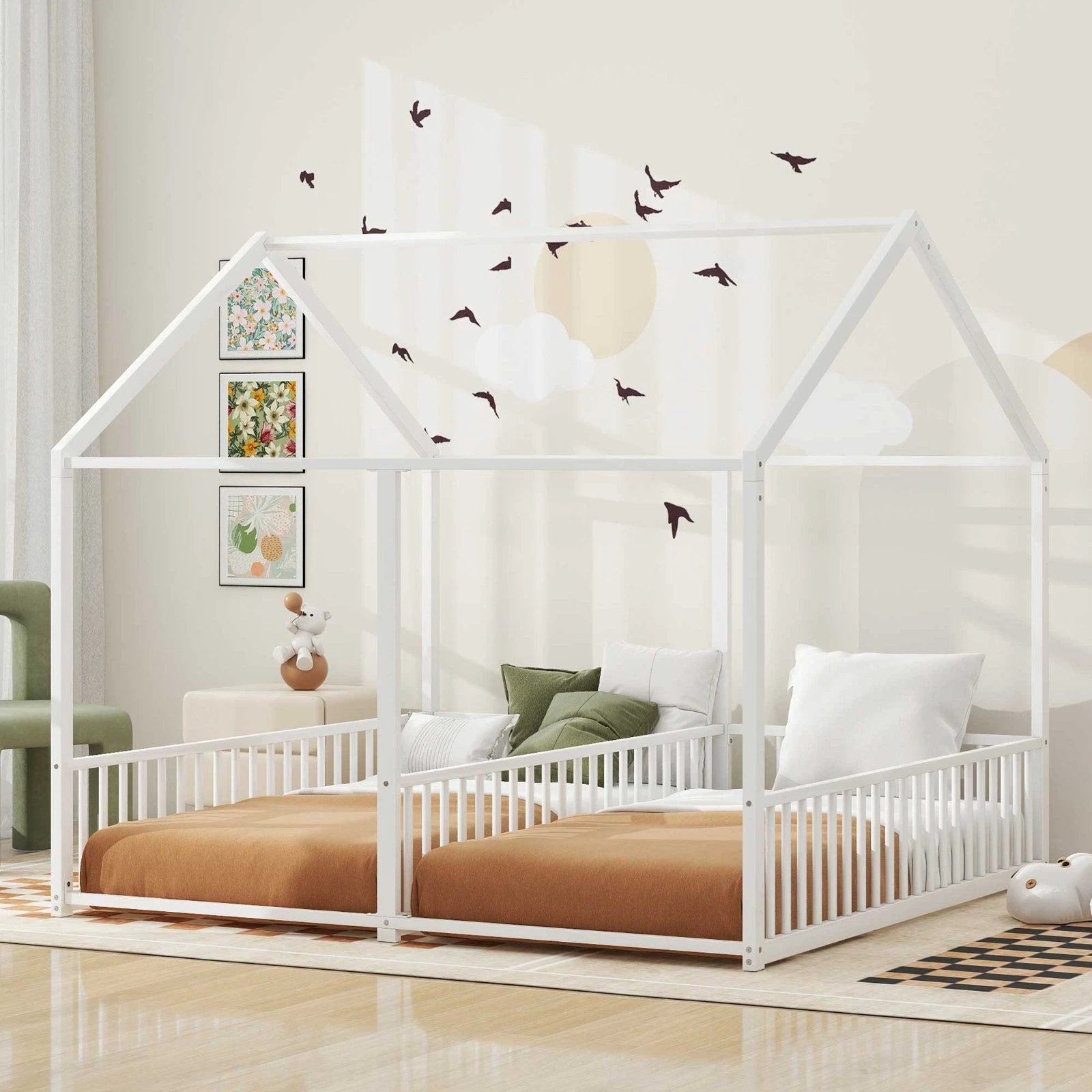 Metal Twin Size House Platform Beds, Two Shared Beds, White by GJG Denim