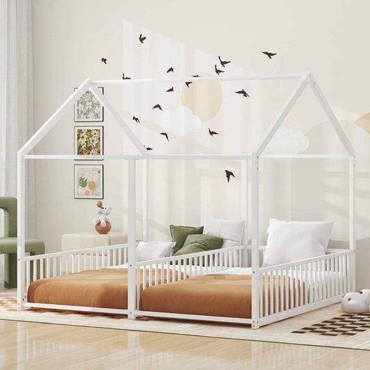 Metal Twin Size House Platform Beds, Two Shared Beds, White by GJG Denim