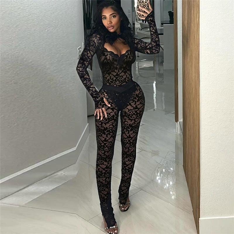 Fashion Solid Color Lace See-through Hollow Out Stitching Slim Fit Sexy by GJG Denim
