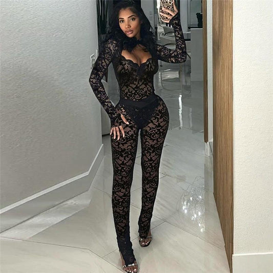 Fashion Solid Color Lace See-through Hollow Out Stitching Slim Fit Sexy by GJG Denim