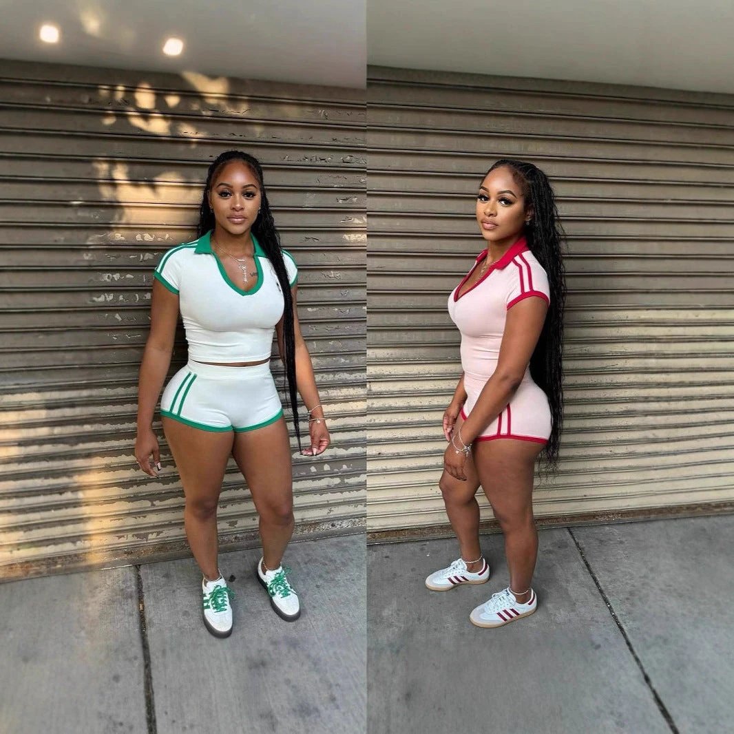 Fashionable Solid-Color U-Neck Short-Sleeve Shirt And Striped Butt-Lifting Shorts Set by GJG Denim