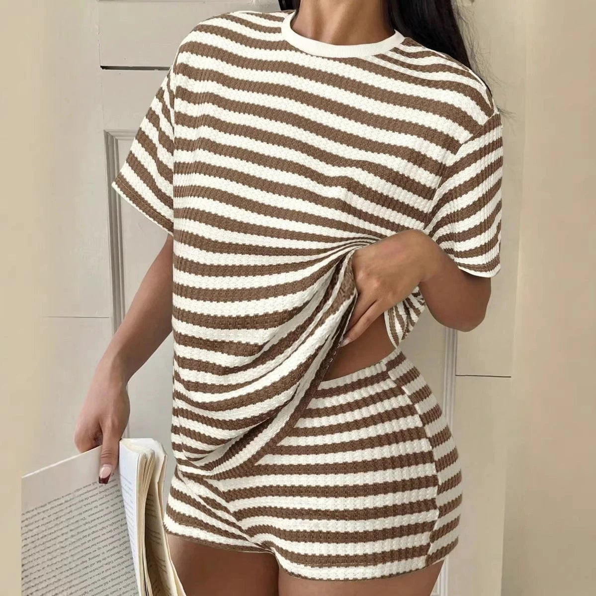 Striped Short-Sleeve T-Shirt Set Womens Fashion Summer by GJG Denim