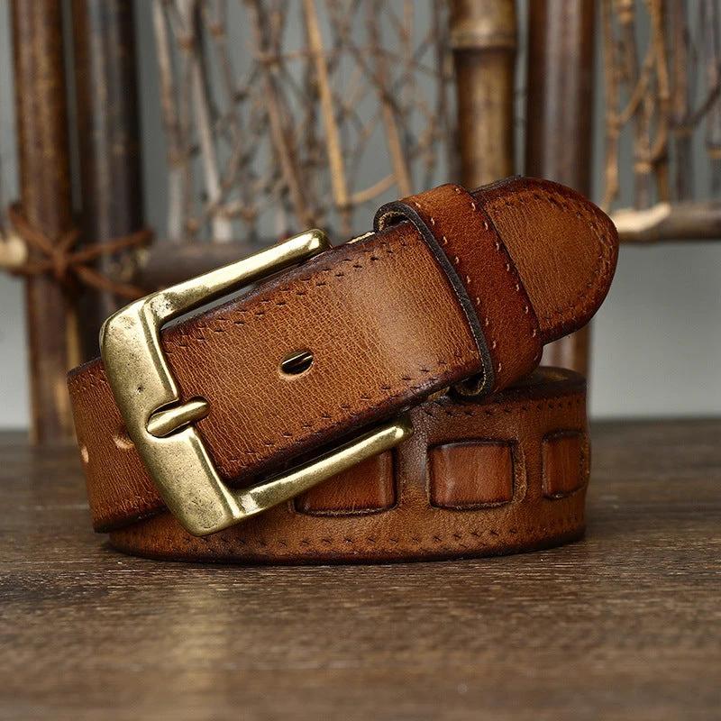 Retro Genuine Leather With Brass Buckle Belt For Men by GJG Denim