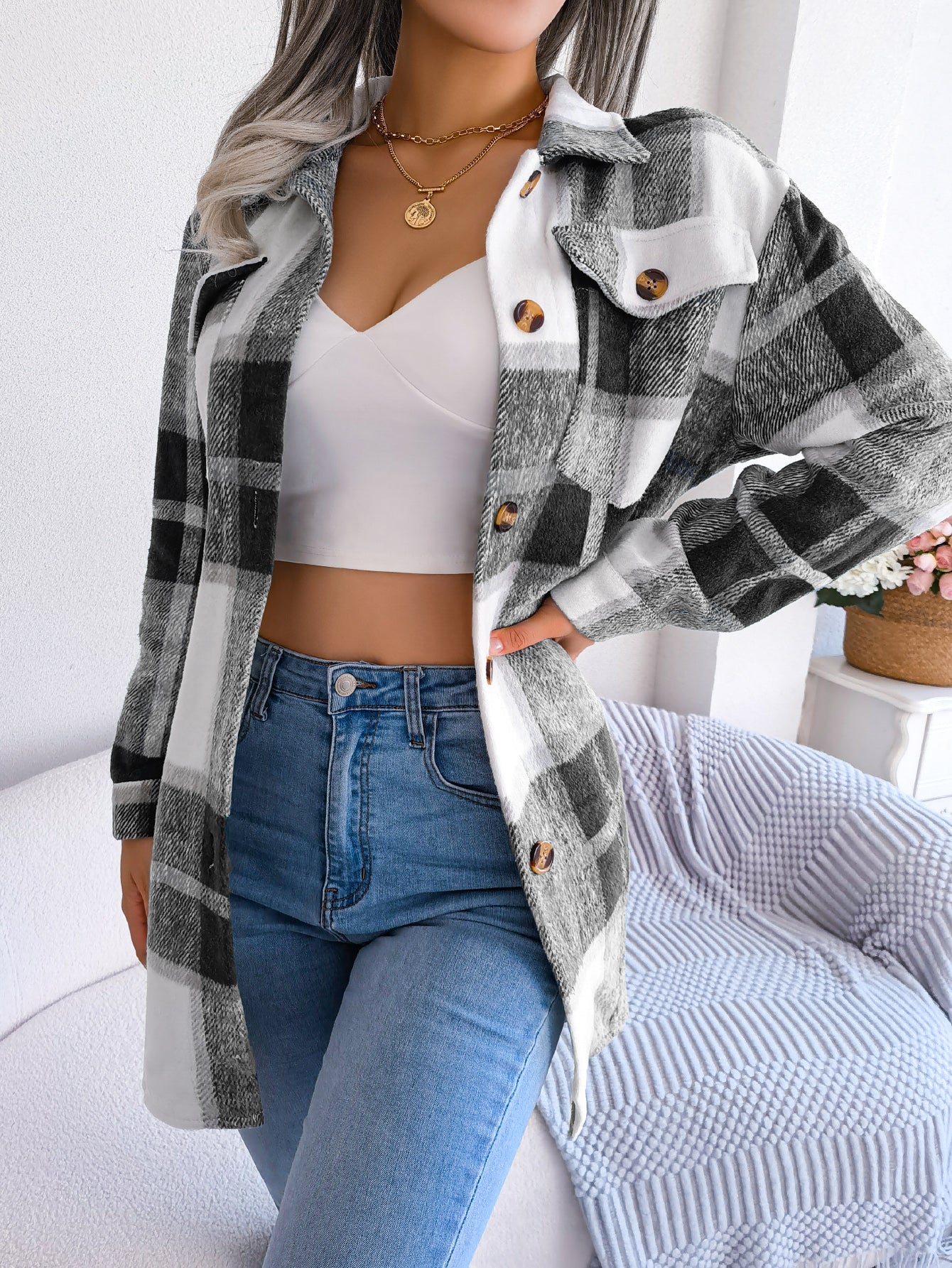 Women's Color-Blocked Plaid Long Sleeve Tie-Waist Thick Tweed Coat by GJG Denim