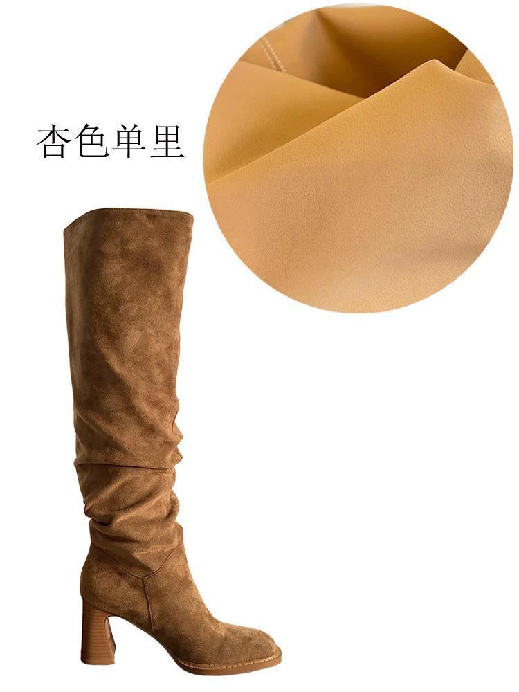 High Leg Boot High Heel Riding Boots Square Head Small Thick Leg Length by GJG Denim