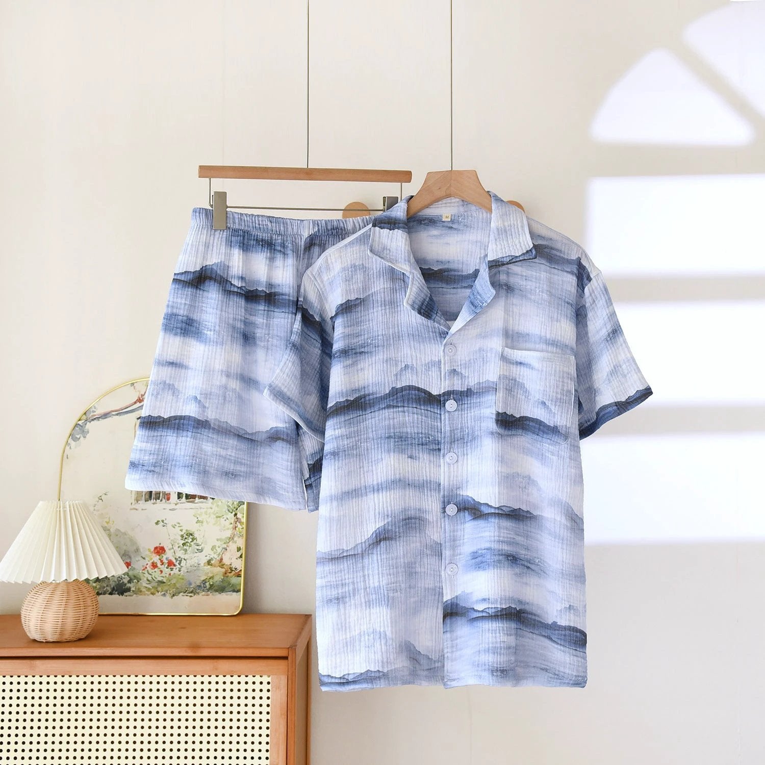 Cotton Double Yarn Crepe Short Sleeve Shorts Men's Pajamas Set by GJG Denim
