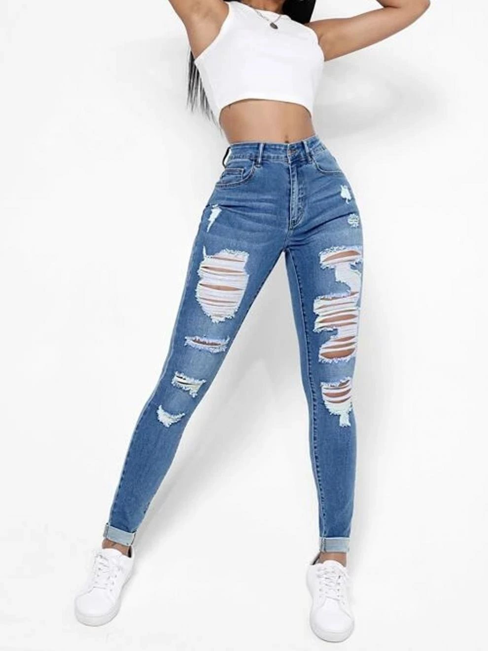 Skinny Jeans Women's High Waist Slim Fit Slimming Holes Skinny Pants by GJG Denim