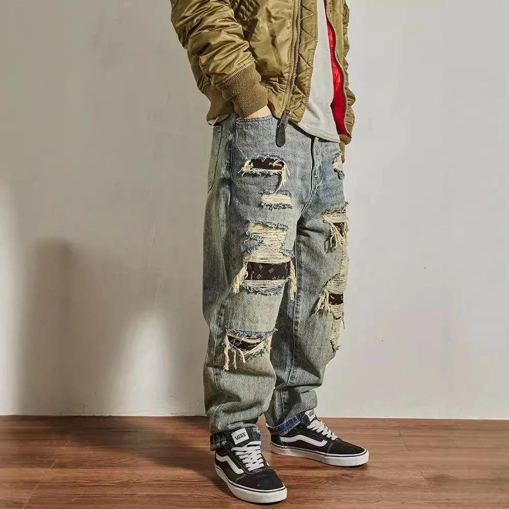 Men's Loose Straight Tapered Distressed Broken Holes Jeans by GJG Denim