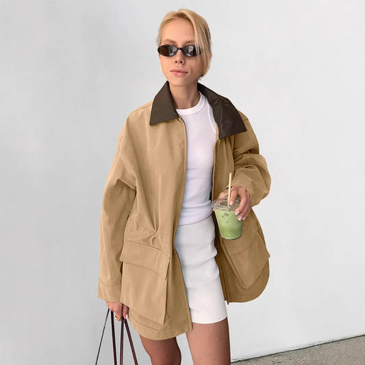 Commuter-style Retro Color-block Mid-length Trench Coat by GJG Denim