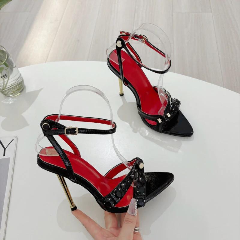 Pointed Toe Plated Stiletto Ultra High Heel Sandals Large Size by GJG Denim