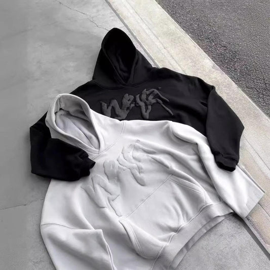 Hip Hop Letters Puff Print Hooded Top Autumn And Winter Personalized Long Sleeve Men's And Women's Pullover Sweater by GJG Denim