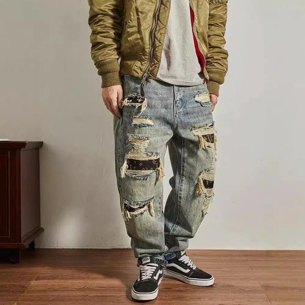 Men's Loose Straight Tapered Distressed Broken Holes Jeans by GJG Denim