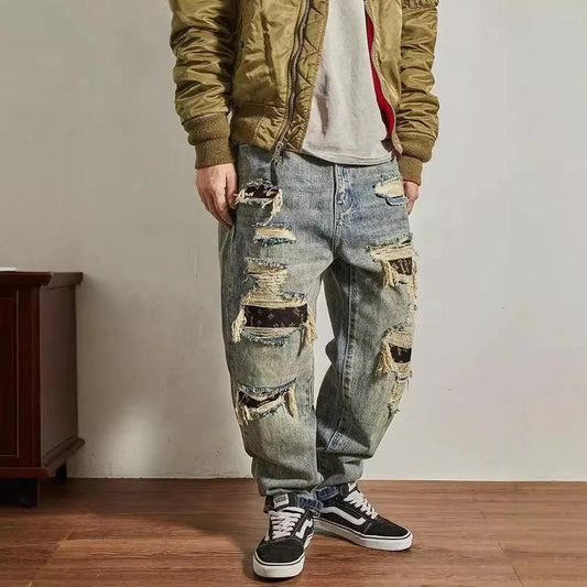 Men's Loose Straight Tapered Distressed Broken Holes Jeans by GJG Denim