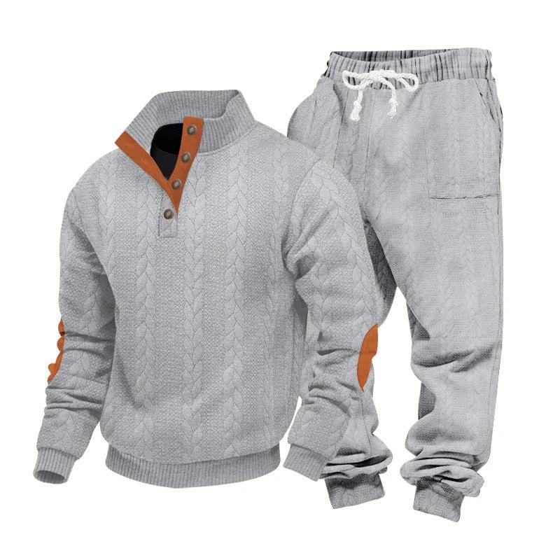 Men's Loose Stand Collar Henley Sweatshirt Casual Pants Set by GJG Denim