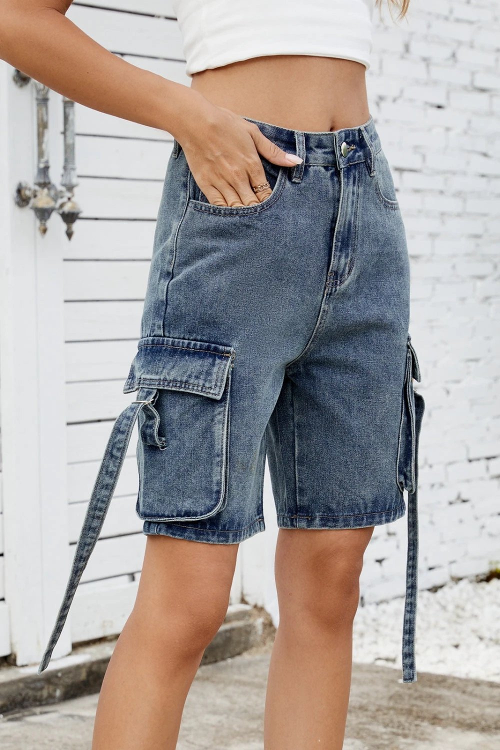 Washed Cargo Denim Shorts by Lady Ros