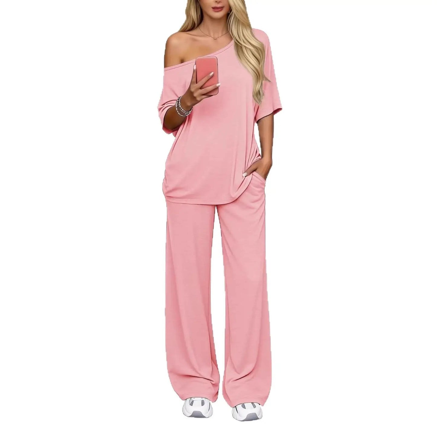 Off-shoulder Loose Casual Short-sleeve Top And Wide-leg Pants Two-piece Set by GJG Denim
