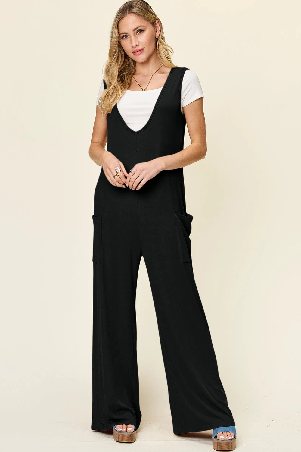 Sleeveless Wide Leg Jumpsuit with Handy Pockets by Lady Ros