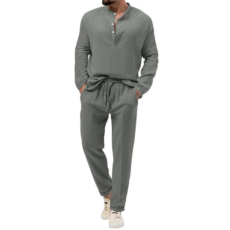Solid Color Casual T-shirt Long Sleeve Shirt Pants Suit by GJG Denim
