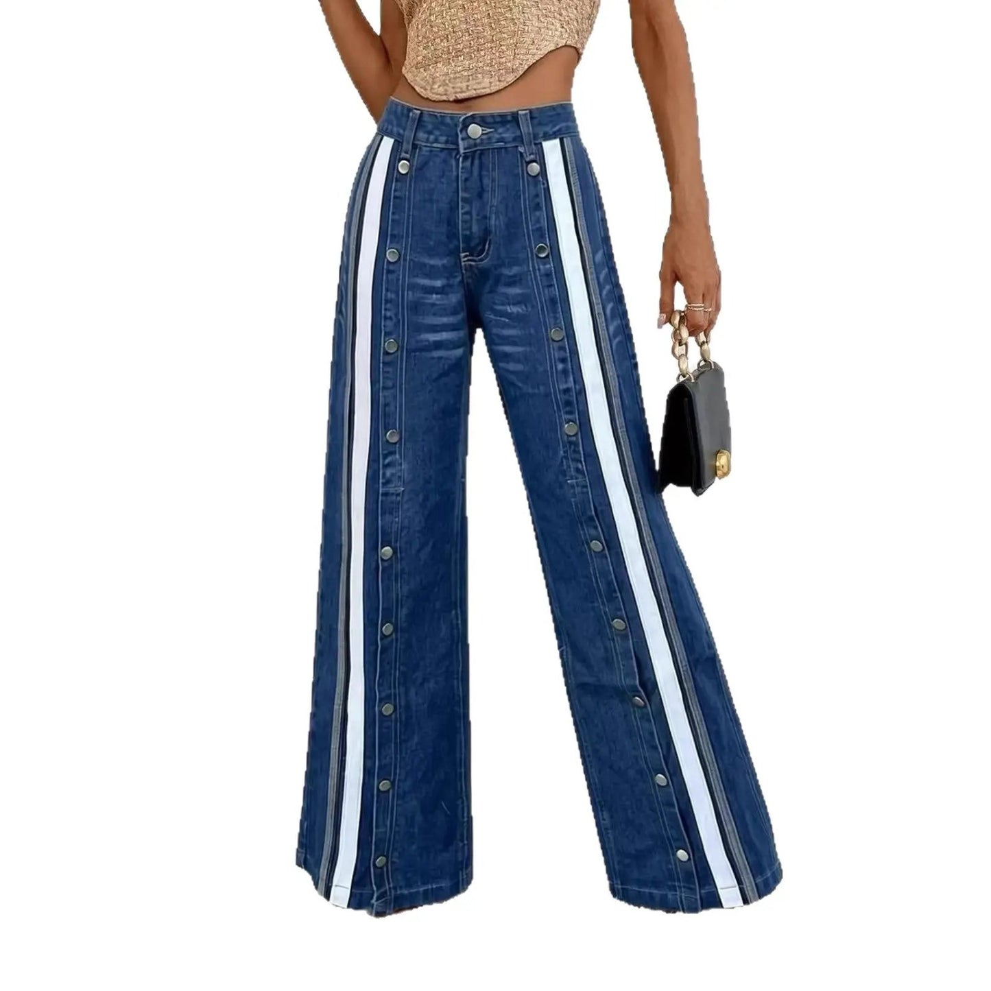 Fashionable Retro Personalized Flared Split Hem Color-Block Wide-Leg Floor-Length Womens Denim Trousers by GJG Denim