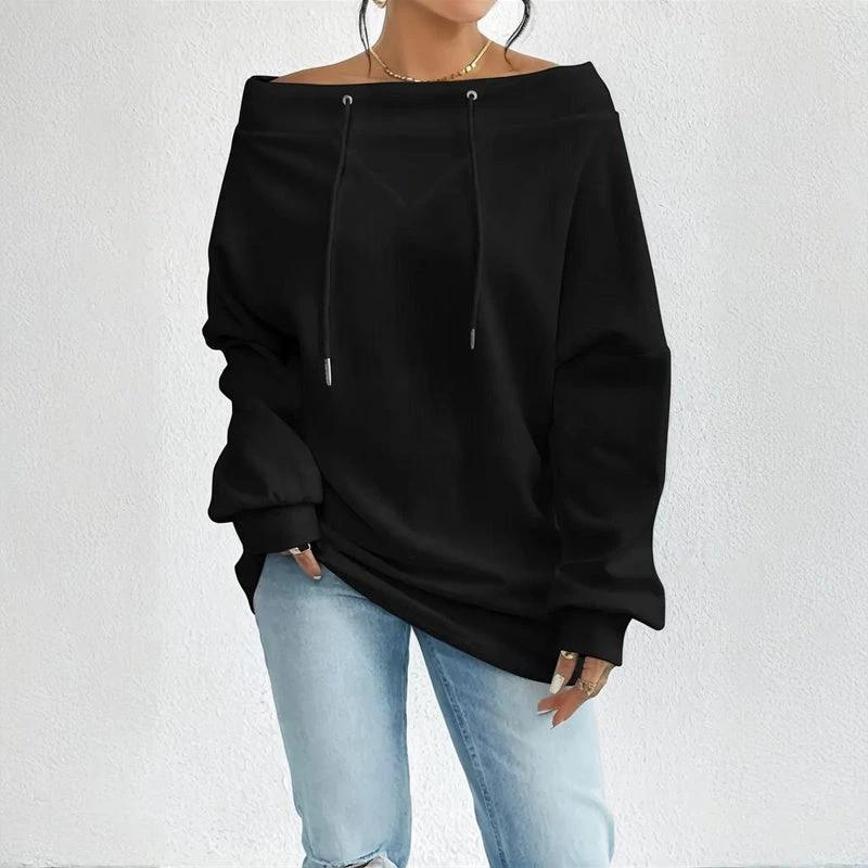 Plus Size Women's Solid Color Off-Shoulder Long Sleeve Pullover With Drawstring - Casual Ribbed Detail Top For Spring&Fall by GJG Denim