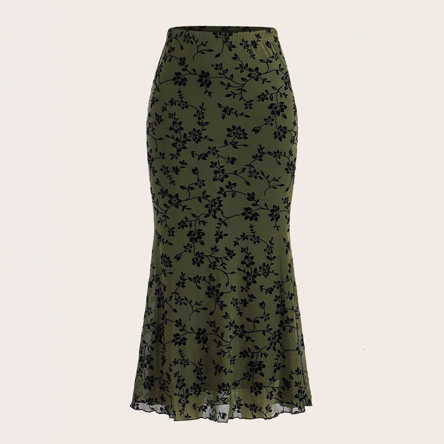 Dark Green Floral Half-length Fishtail Skirt For Women by GJG Denim