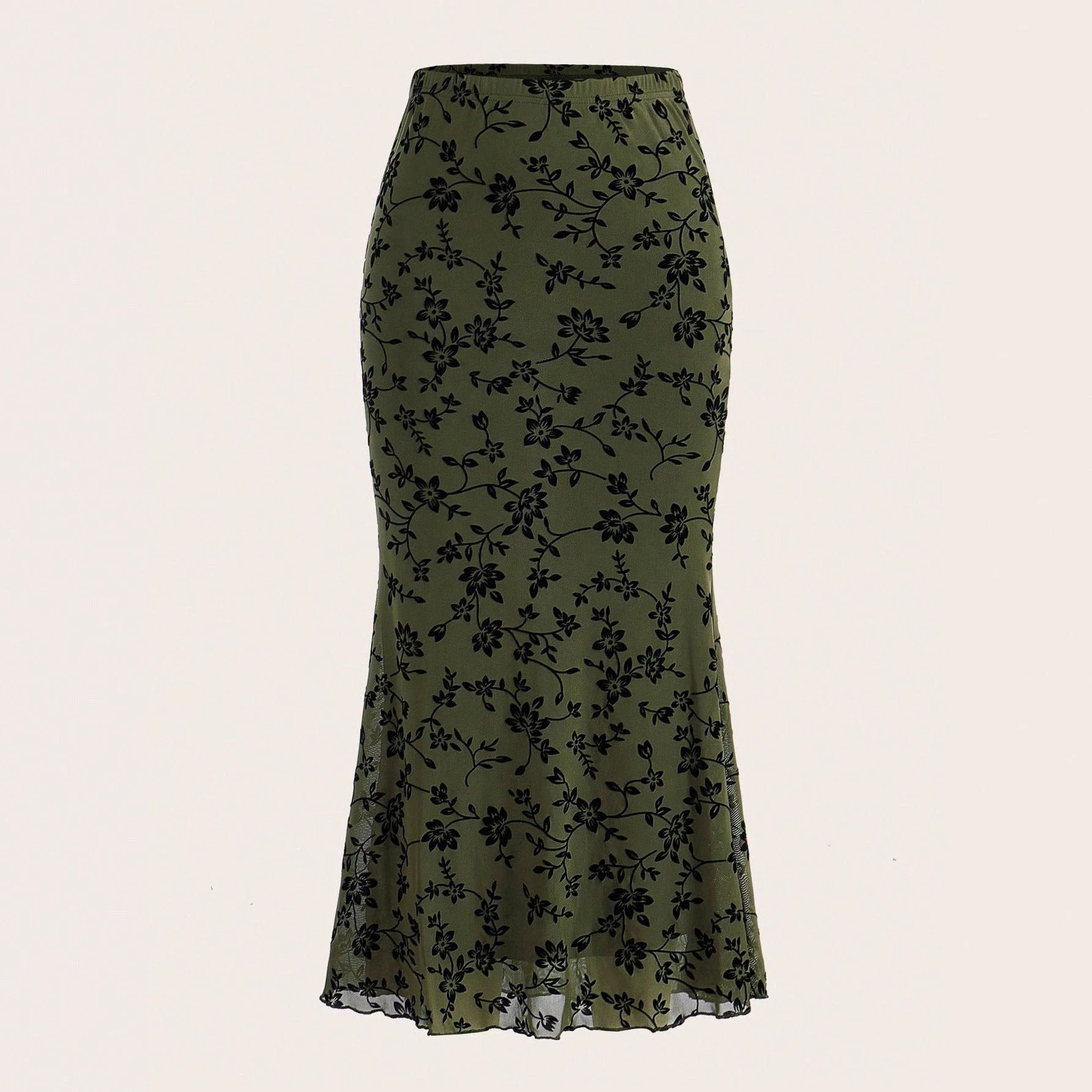 Dark Green Floral Half-length Fishtail Skirt For Women by GJG Denim