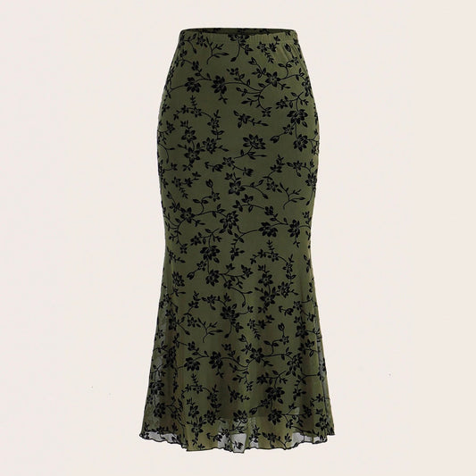 Dark Green Floral Half-length Fishtail Skirt For Women by GJG Denim