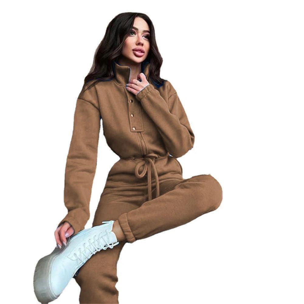 Stand-up Collar Cinched Leisure Jumpsuit by GJG Denim
