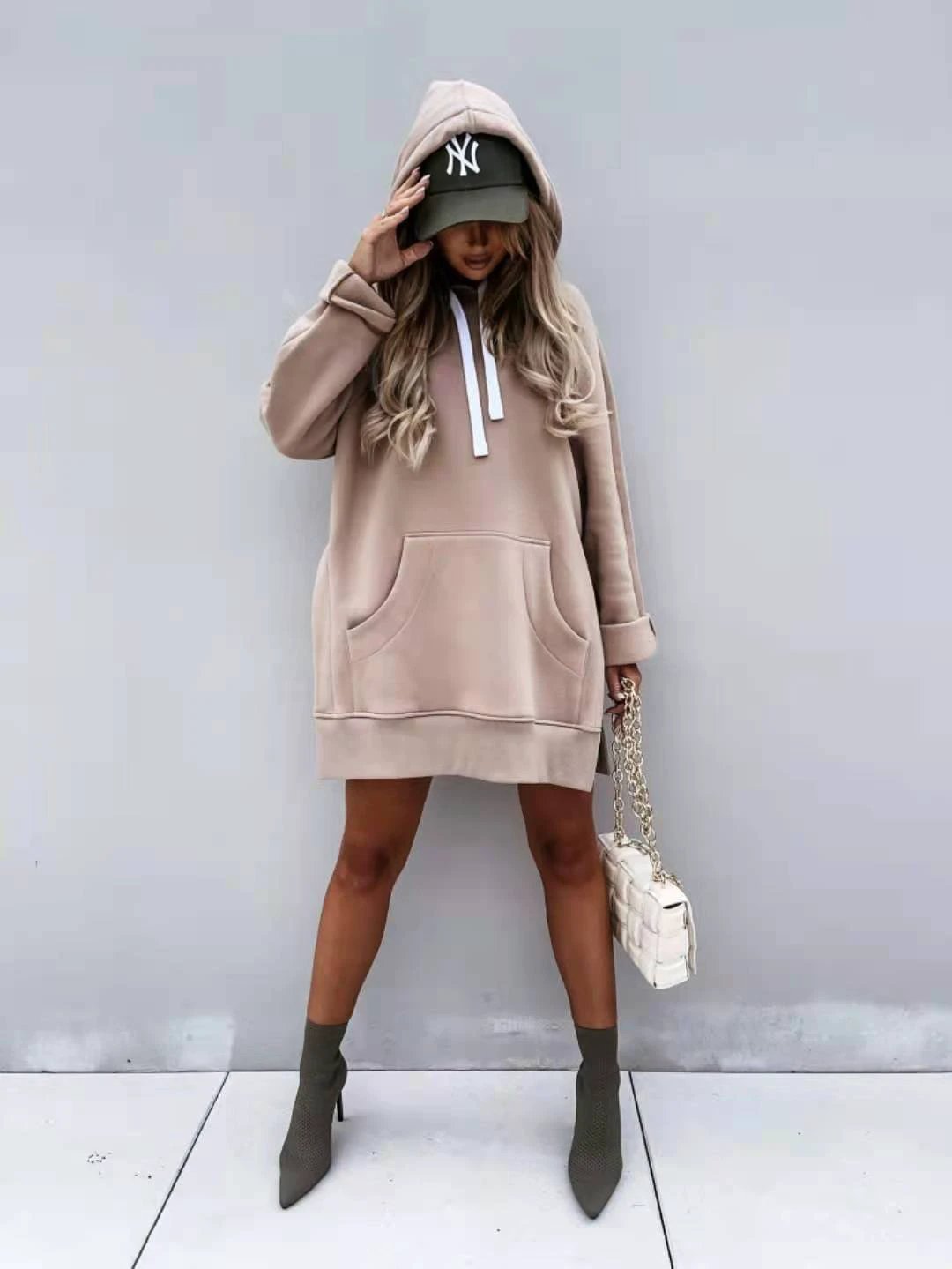 Women's Solid Color Hooded Mid-length Sweater by GJG Denim
