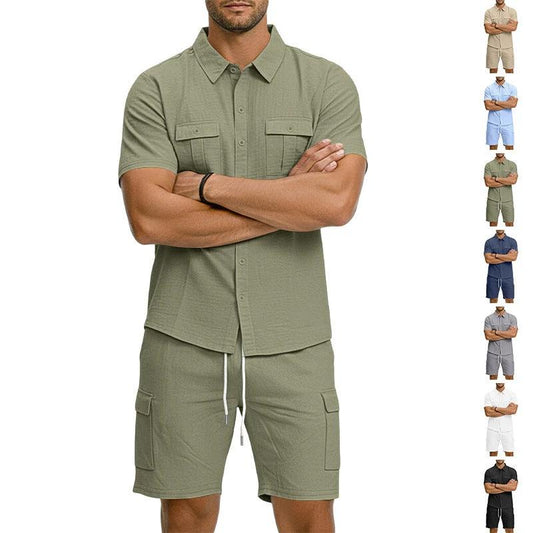 Men's Lapel Shirt And Multi-Pocket Shorts Set by GJG Denim