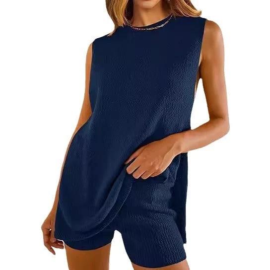 Summer Loose-fitting Casual Round-neck Vest Shorts Knitting Suit Women by GJG Denim