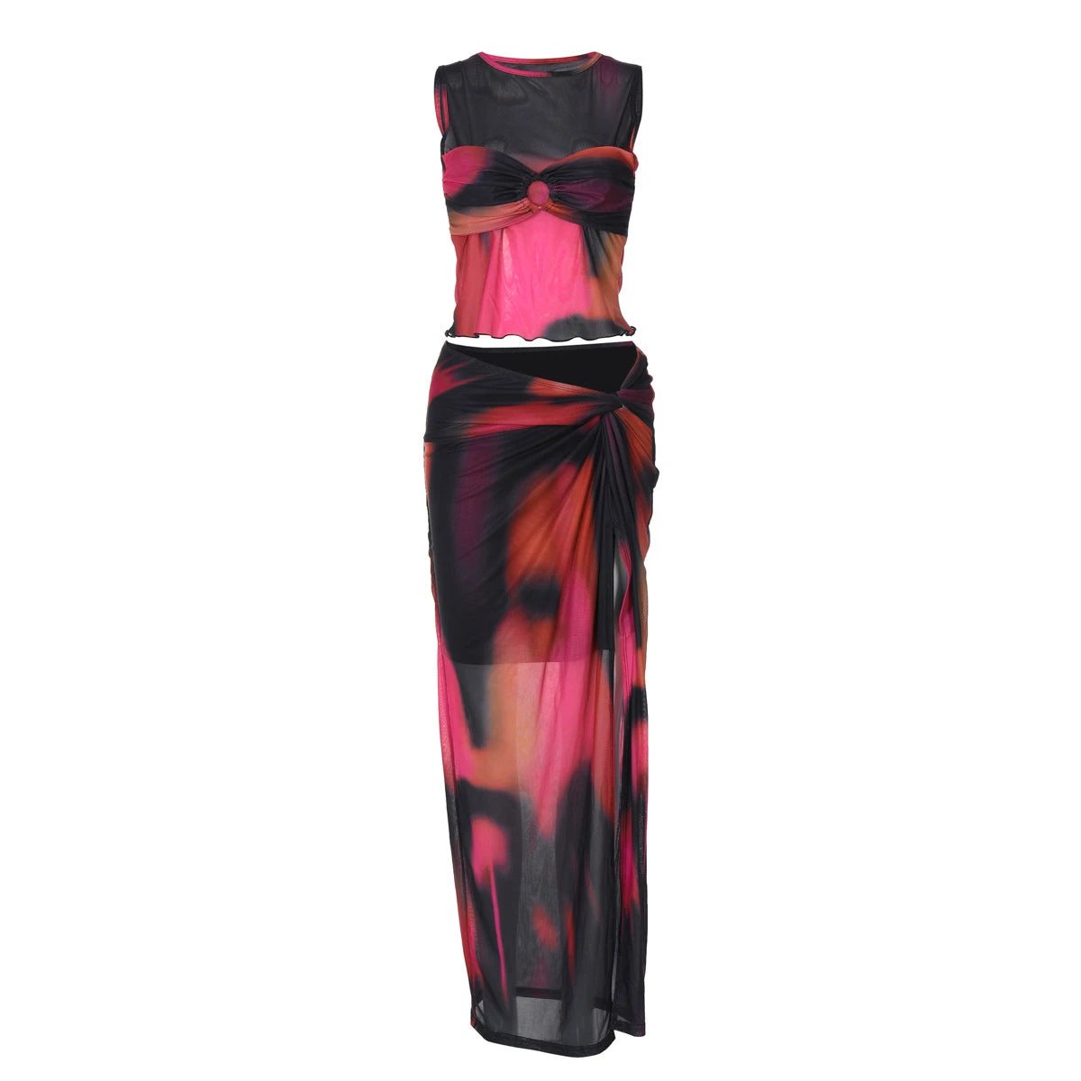 Women's Sleeveless Printed Mesh Half-length Long Dress Suit by GJG Denim