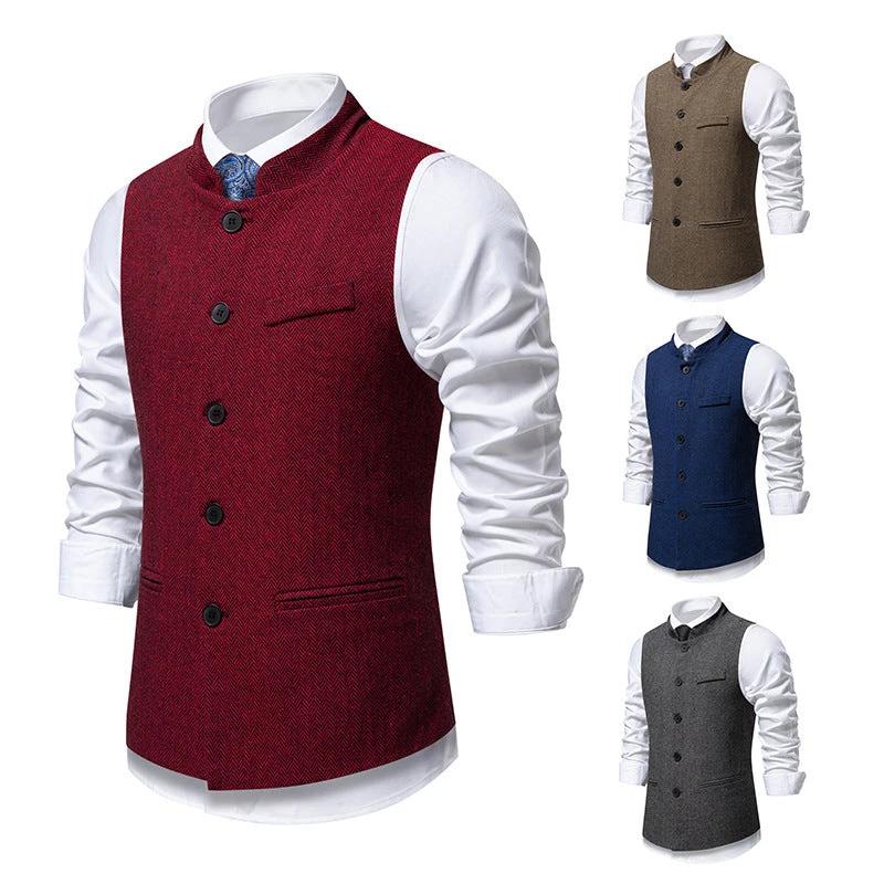 Men's Retro Stand Collar Herringbone Solid Color Suit Vest by GJG Denim