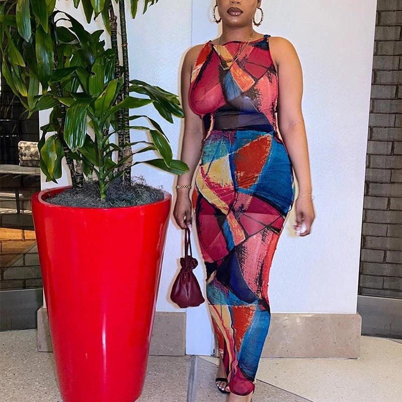 Women's Fashion Printed Sleeveless Hip Wrap Dress by GJG Denim