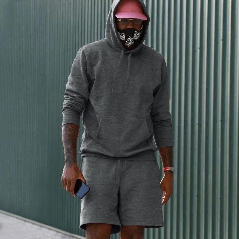 Men's Fleece-Lined Hoodie And Shorts Two-Piece Set by GJG Denim