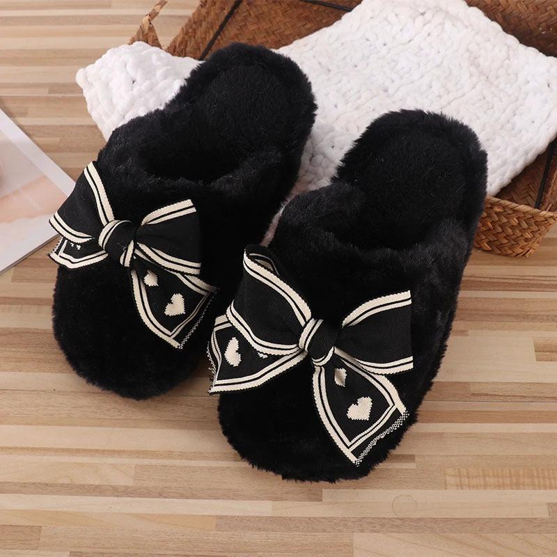 Ins Bow Slippers Home Fashion Warm Non-slip Floor Bedroom Slipper For Women House Shoes by GJG Denim