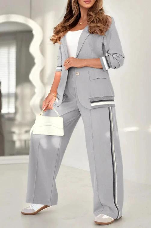 2 Pcs Set Women Suit Coat Pants Suit Lapel Long Sleeves Lady Jacket Wide Leg High Waist Trousers Female Commuting Office Outfit by GJG Denim