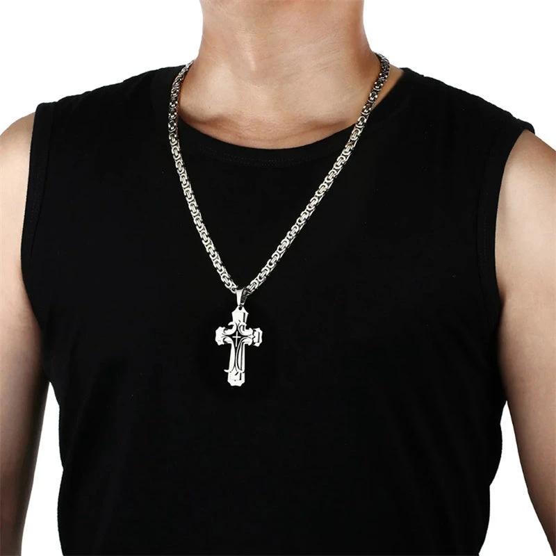 Christian Trinity Latin Cross Necklace For Men Stainless Steel Three Layers by GJG Denim