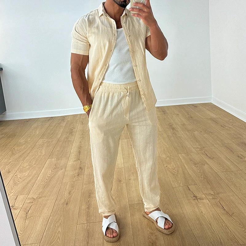 Men's Loose-fitting Collar Short-sleeved Long Pants Set by GJG Denim