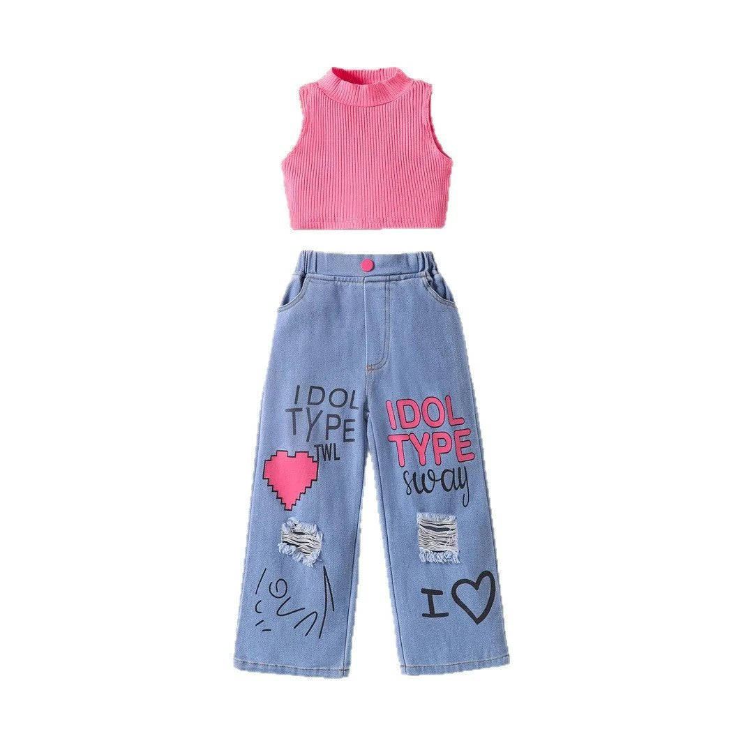 New Girls' Solid Color Sleeveless Vest Letters by GJG Denim