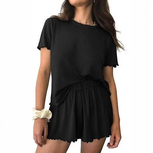 Relaxed Casual Cre Neck Short Sleeve Top And Shorts Set by GJG Denim