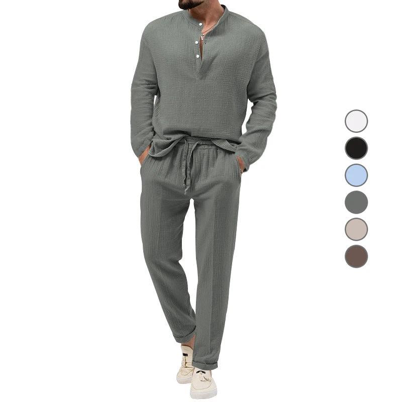 Solid Color Casual T-shirt Long Sleeve Shirt Pants Suit by GJG Denim